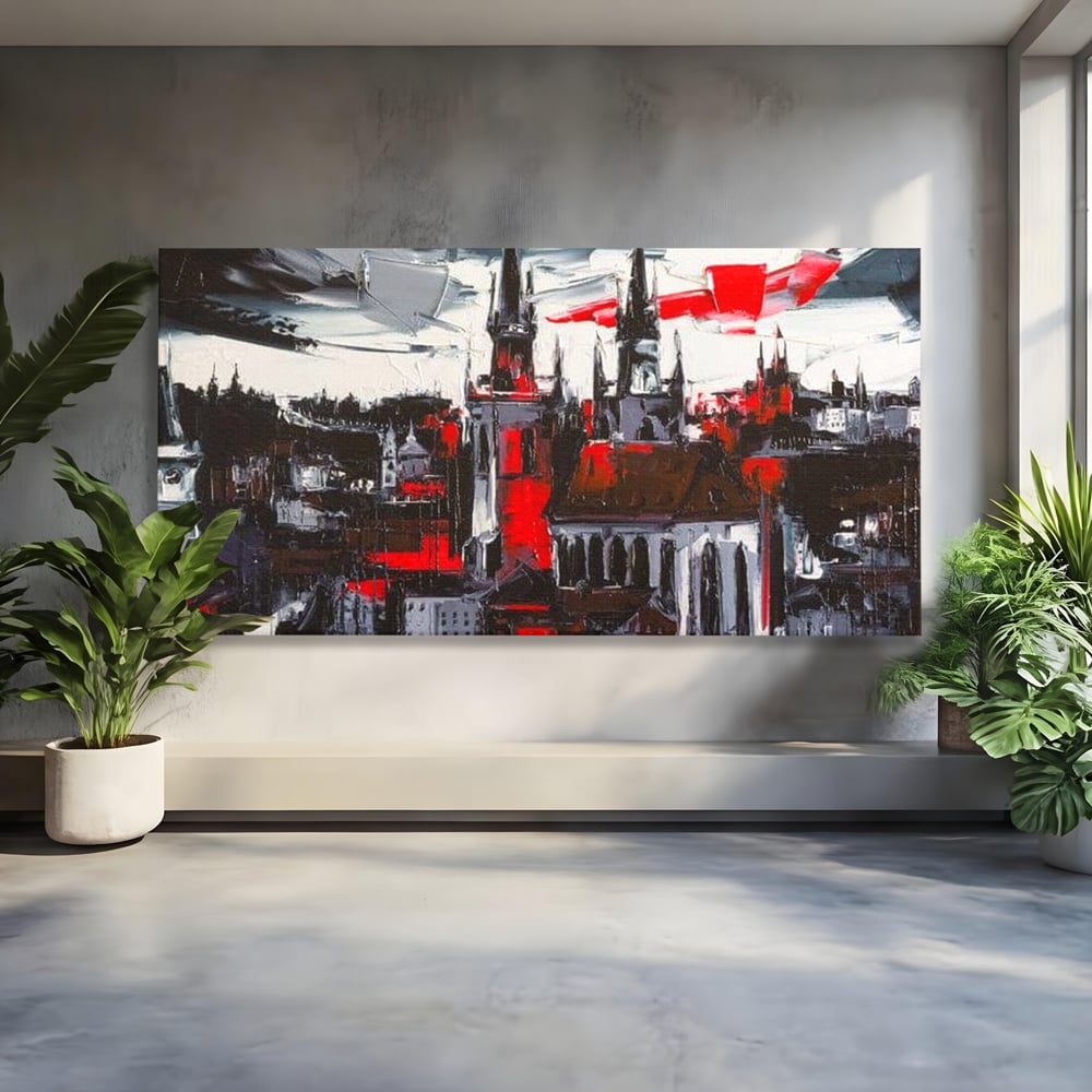 Tablou canvas cu pictura canvas cu turle gotice si accente rosii, fara rama, pe sasiu de lemn